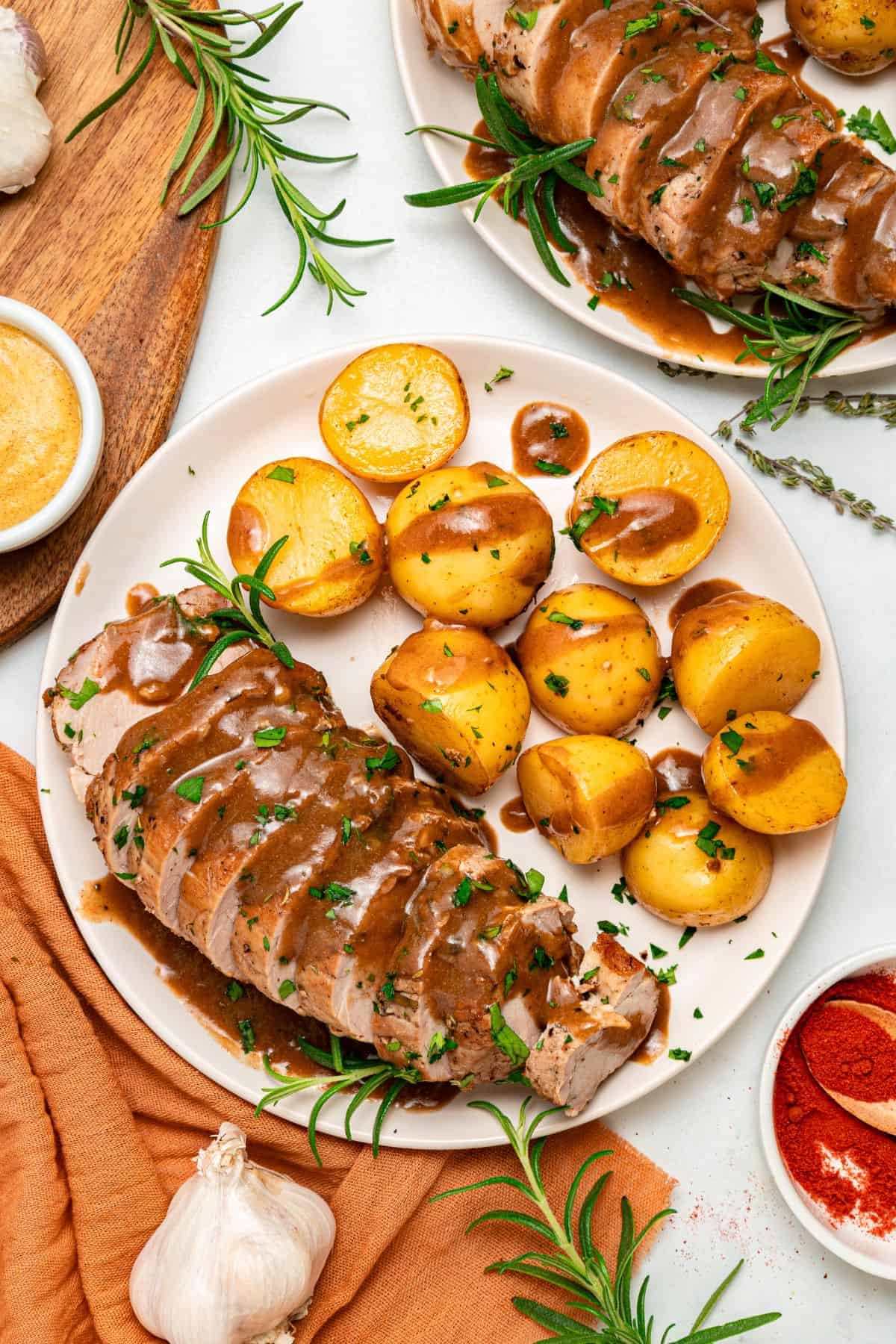 Pork tenderloin in Instant Pot with golden seared crust and gravy