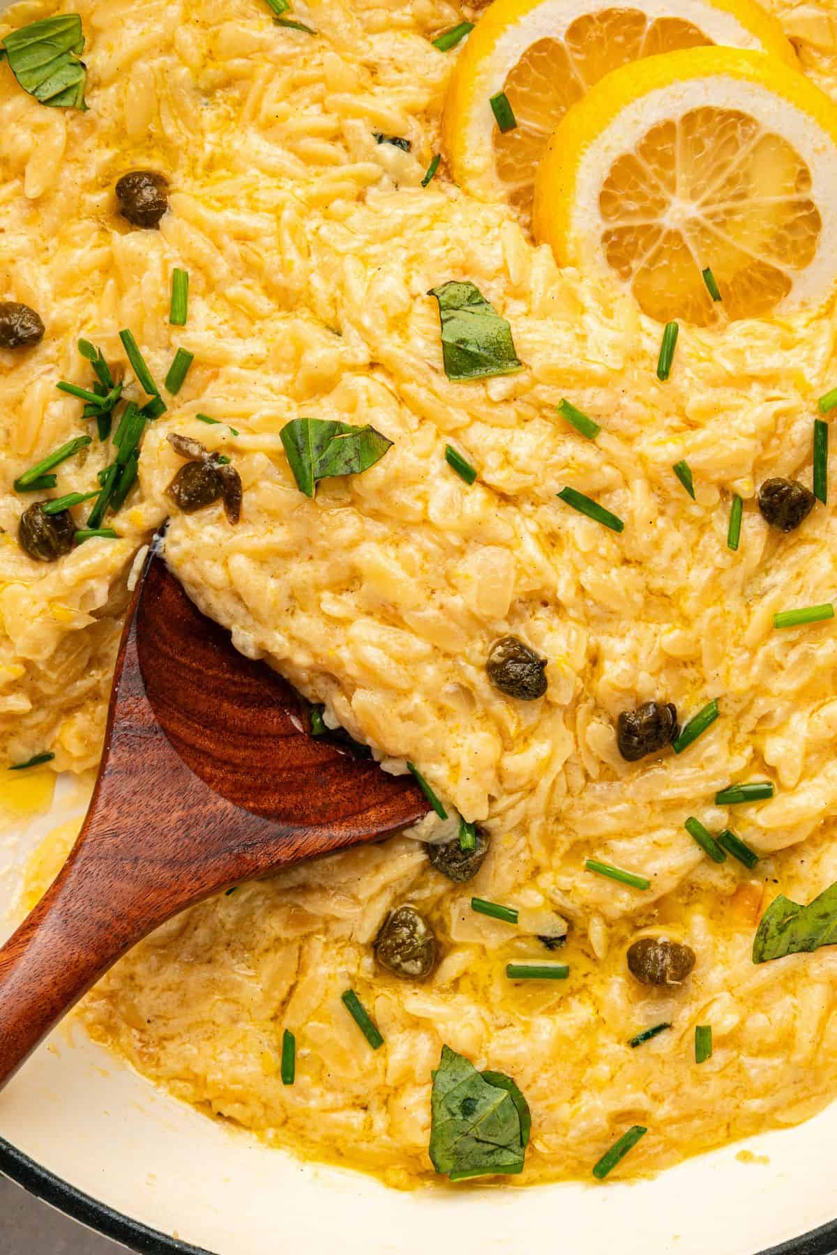 Lemon orzo pasta recipe with rich creamy sauce and fresh lemon