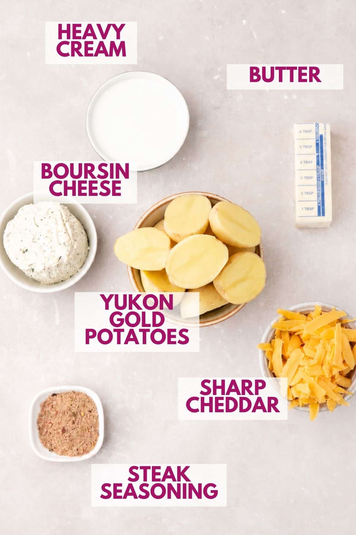 ingredients needed to make mashed potatoes with cheese in small bowls