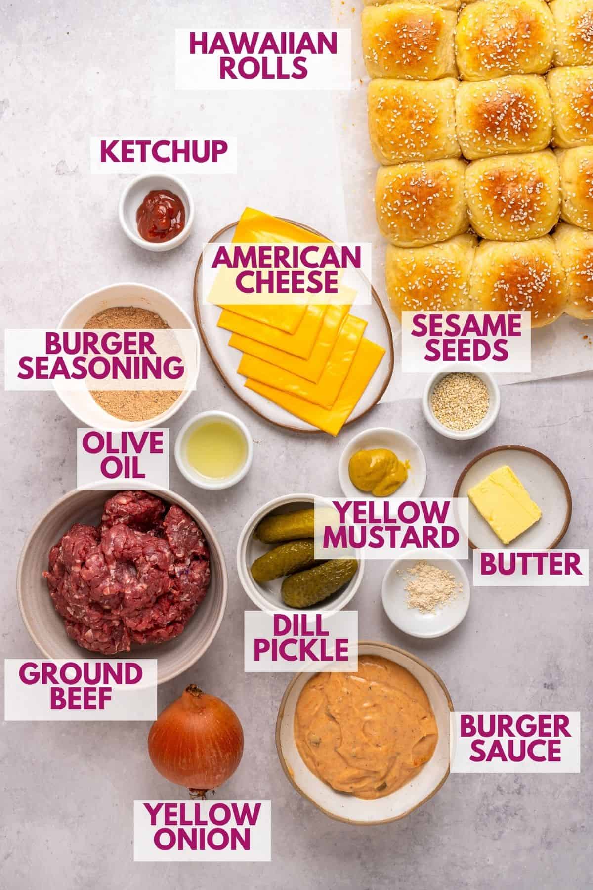 ingredients needed to make cheeseburger sliders in separate bowls getting ready for cooking