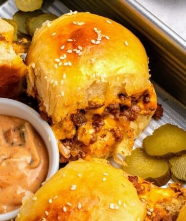 Cheeseburger sliders recipe baked until golden brown and bubbly