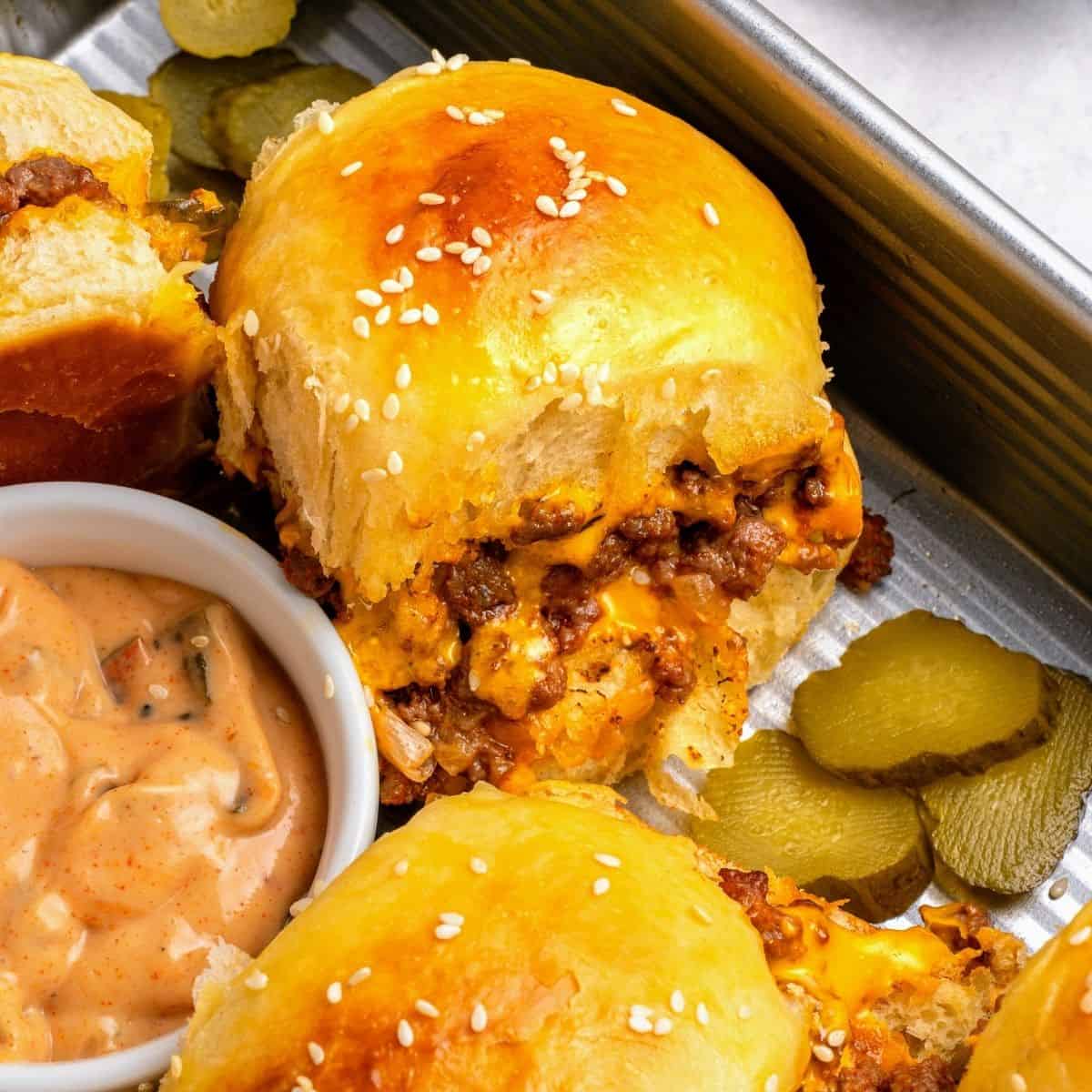 Cheeseburger sliders recipe baked until golden brown and bubbly