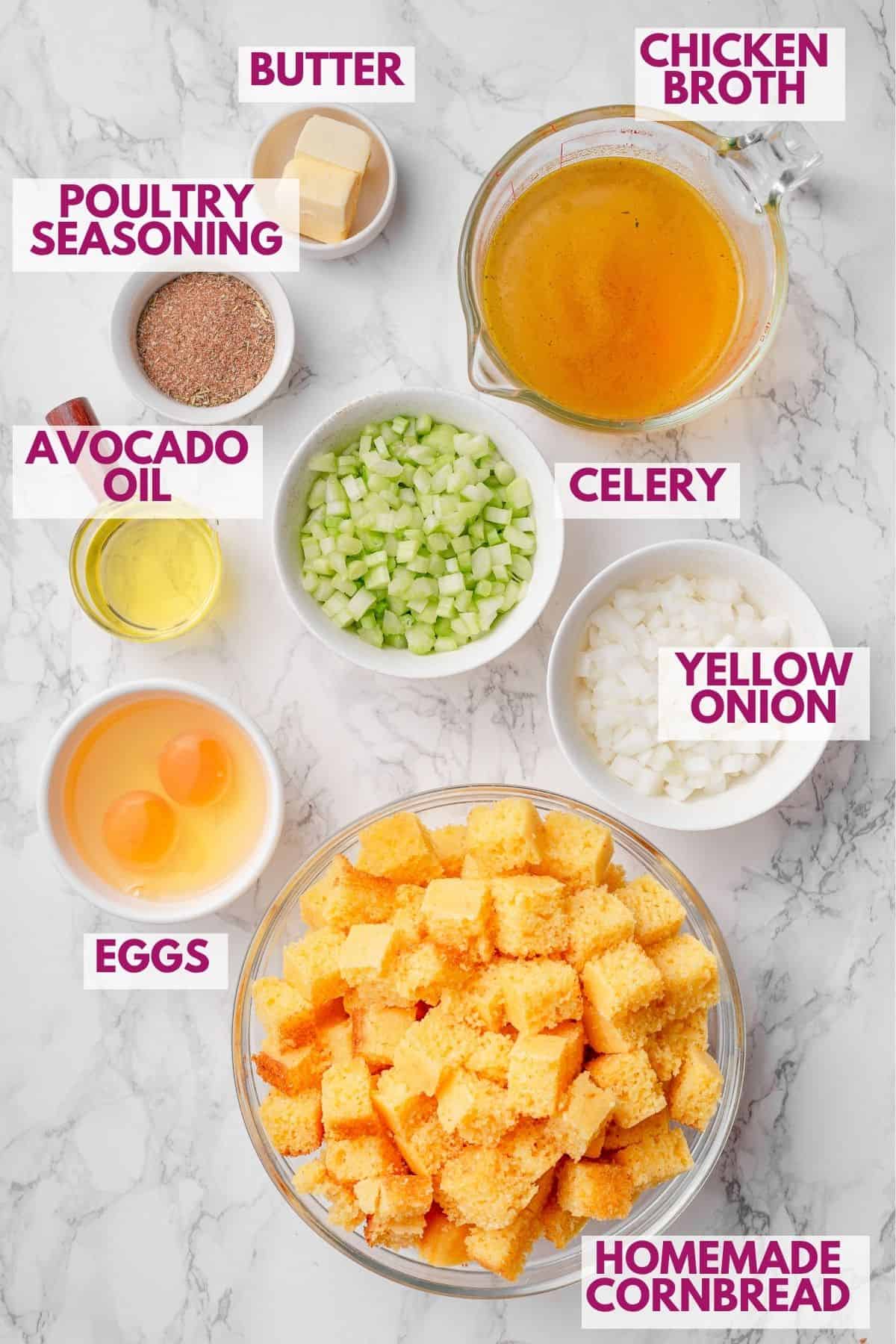ingredients to make Homemade cornbread dressing baked in a casserole dish