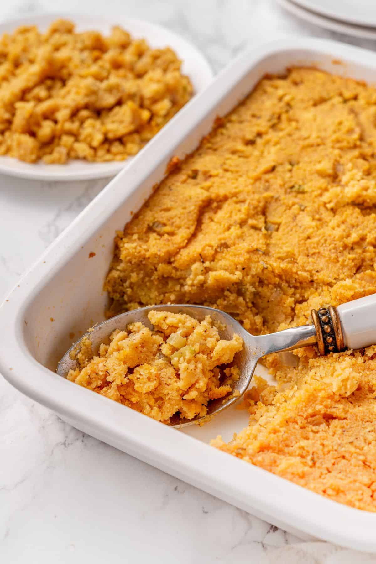 Homemade cornbread dressing served warm as a classic holiday side dish