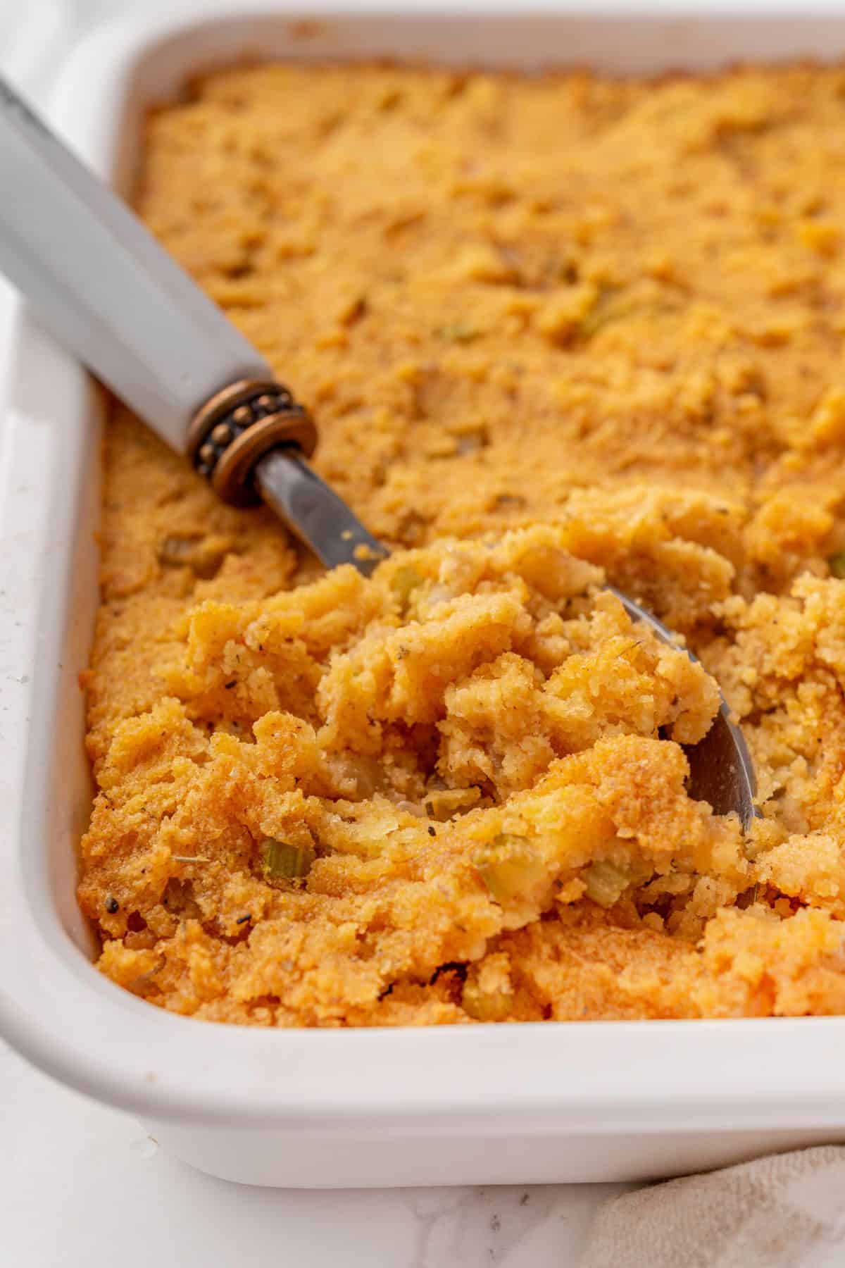 Cornbread dressing recipe made with crumbled cornbread and savory vegetables