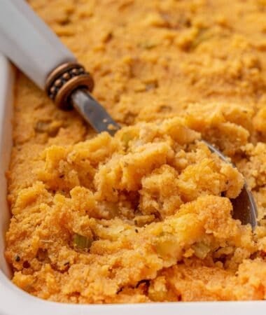 Cornbread dressing recipe with buttery sautéed vegetables and herbs