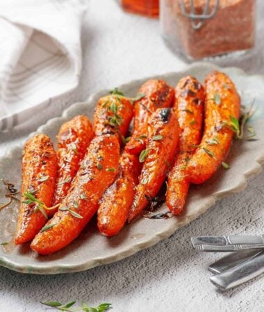 Maple glazed carrots roasted until fork-tender and golden around the edges