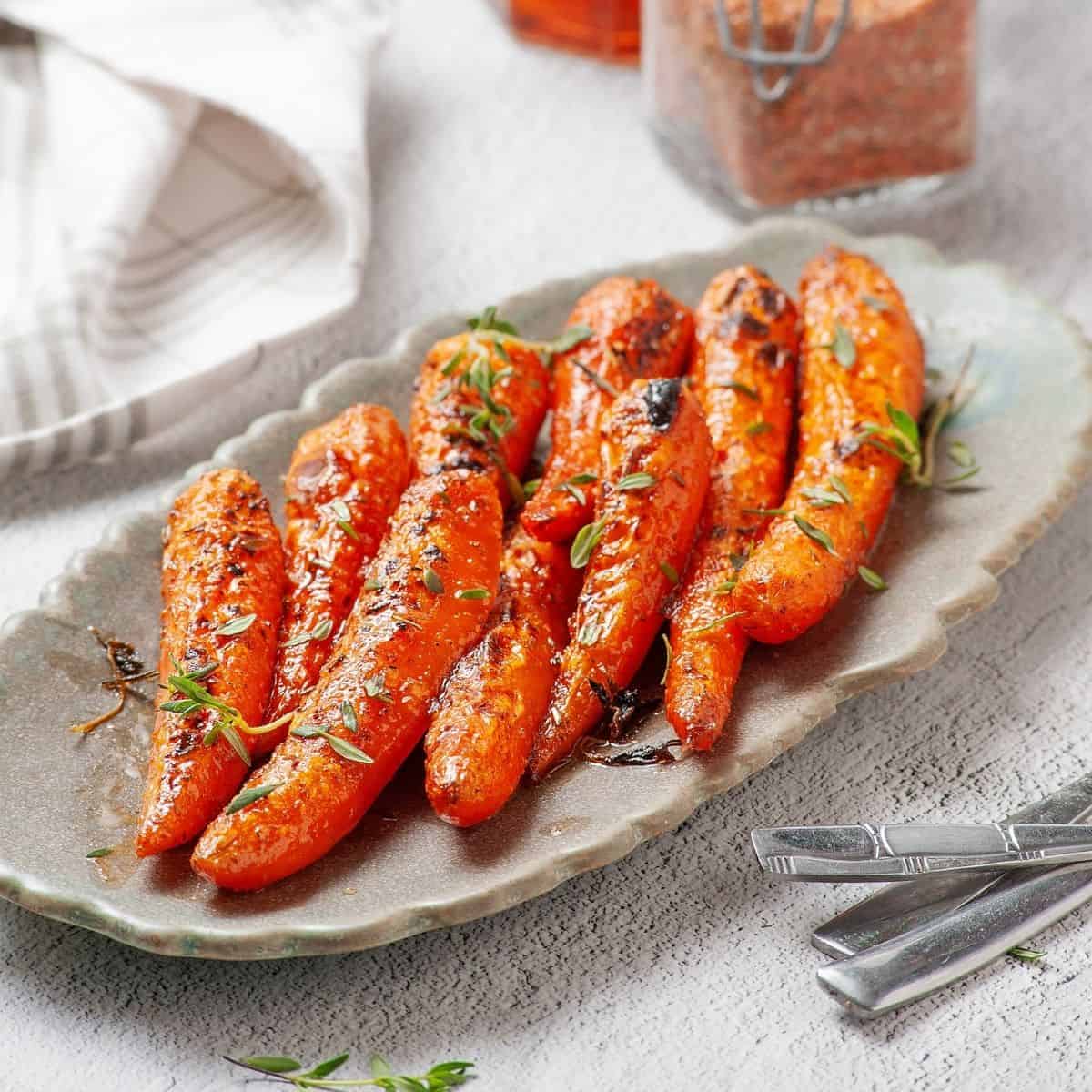 Maple glazed carrots roasted until fork-tender and golden around the edges