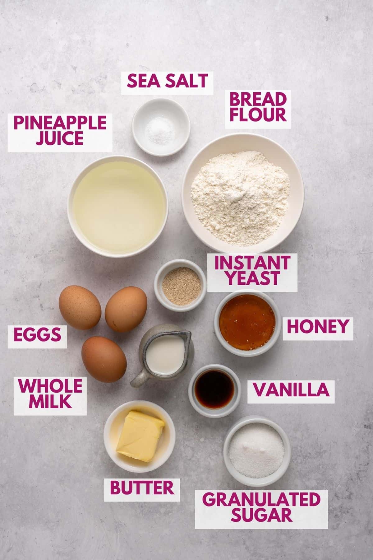 ingredients to make fluffy Hawaiian dinner rolls