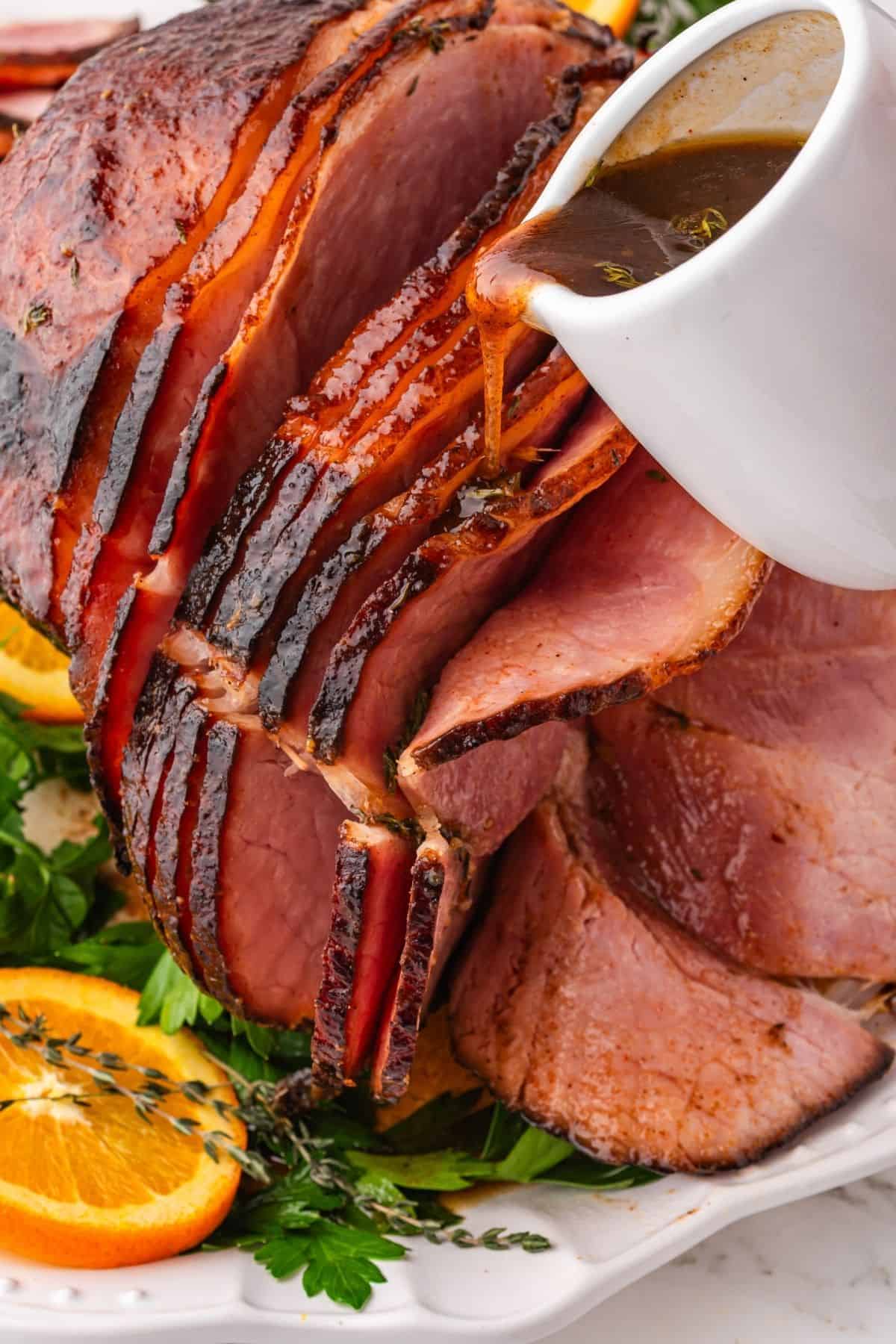 Glazed spiral ham basted with pan juices for a moist, tender texture