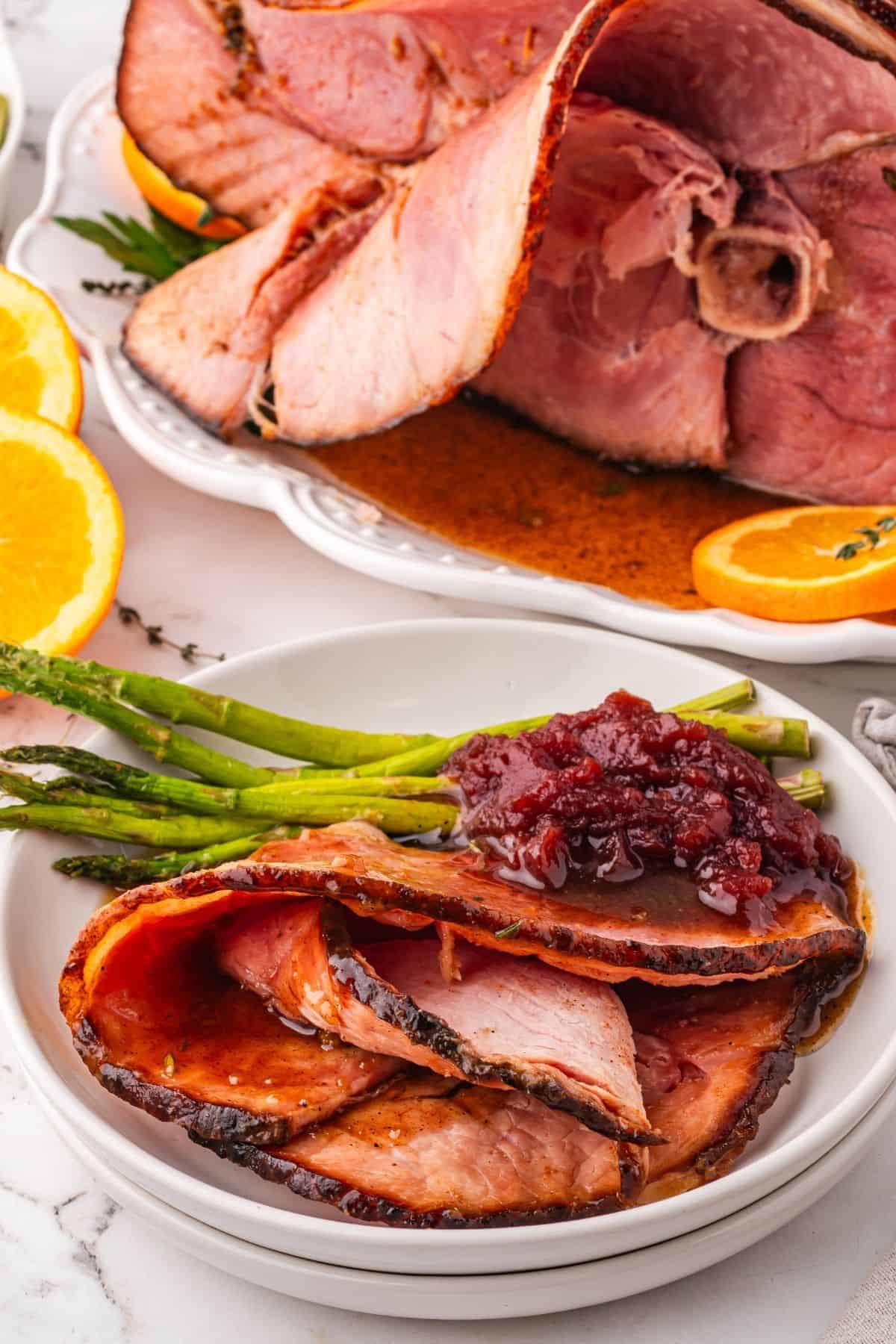 Baked spiral ham with a sweet brown sugar and honey glaze