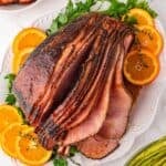 Brown sugar glazed spiral ham roasted until golden and caramelized