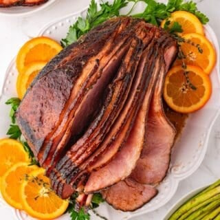 Brown sugar glazed spiral ham roasted until golden and caramelized