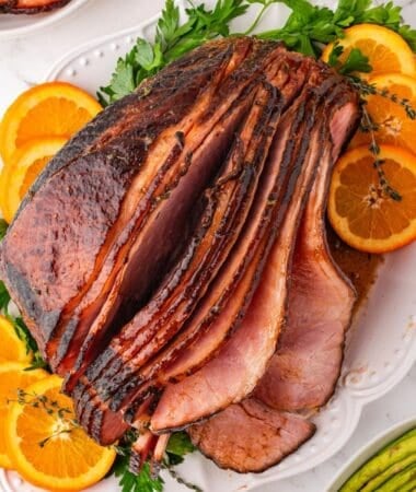Brown sugar glazed spiral ham roasted until golden and caramelized