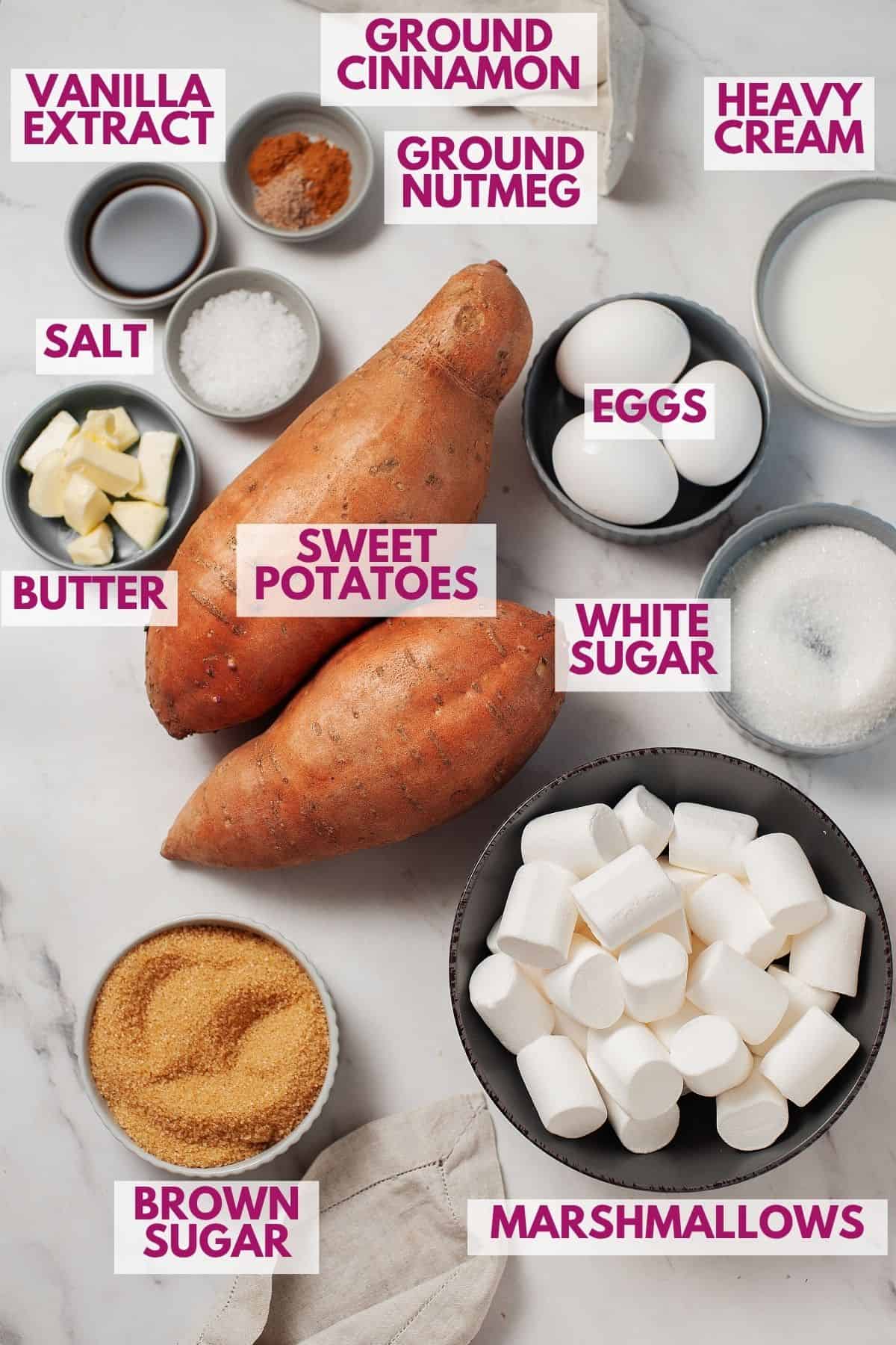 ingredients to make sweet potato casserole with marshmallows