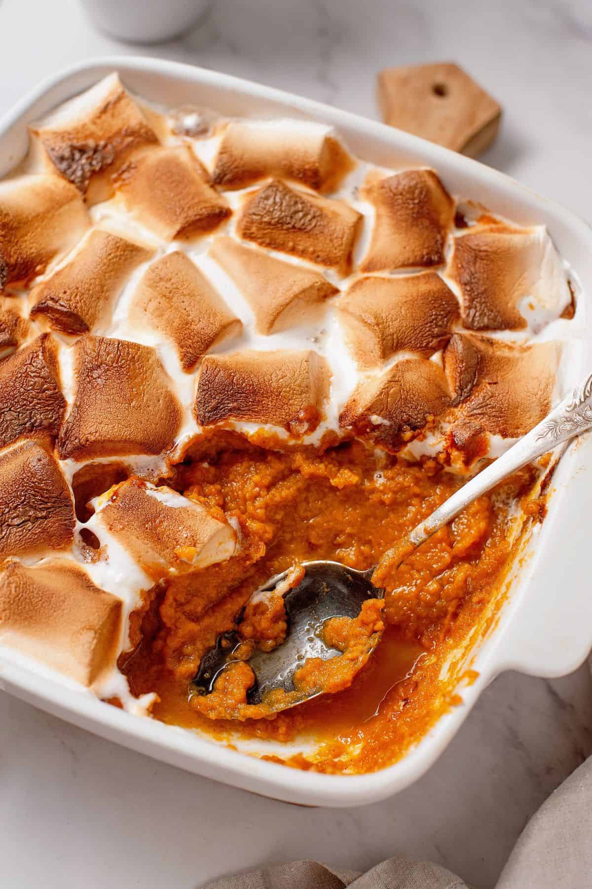Sweet potato casserole with a smooth sweet potato filling and marshmallow topping