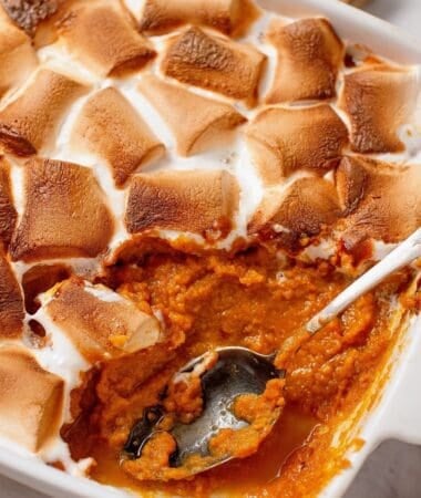 Creamy sweet potato casserole baked with fluffy marshmallows on top