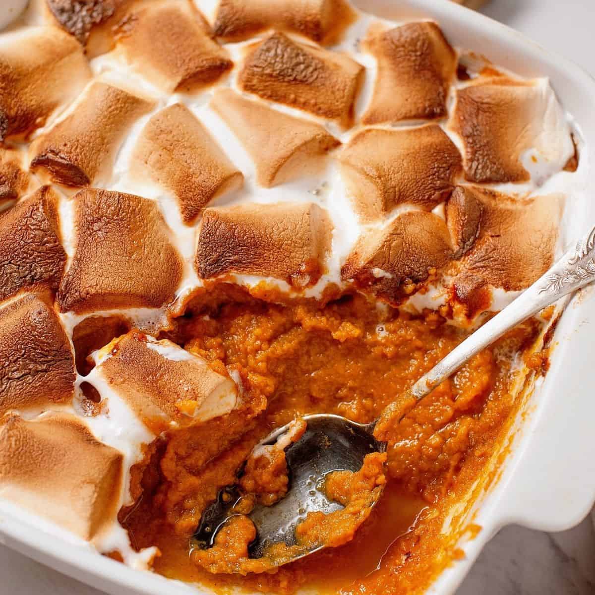 Creamy sweet potato casserole baked with fluffy marshmallows on top
