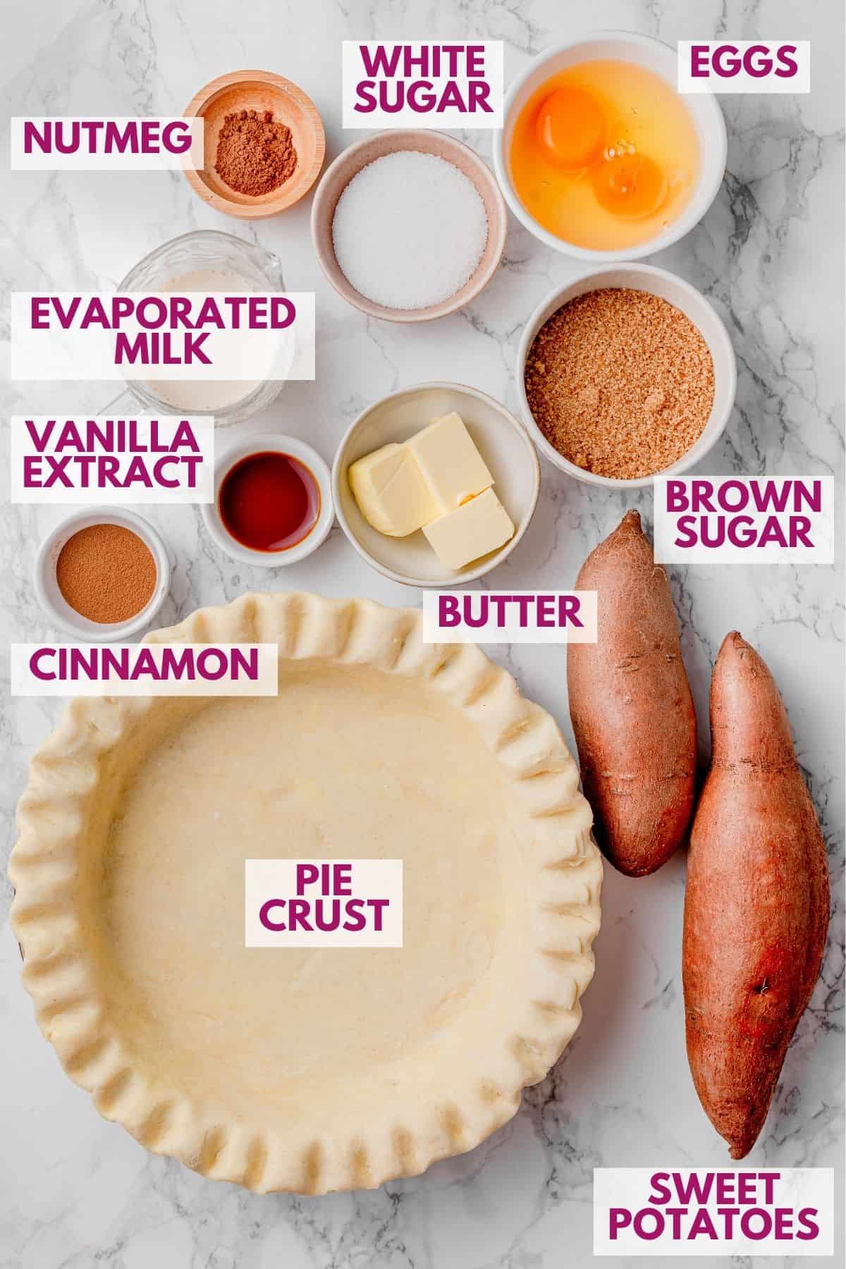 ingredients for sweet potato pie with all butter pie crust organized in separate bowls