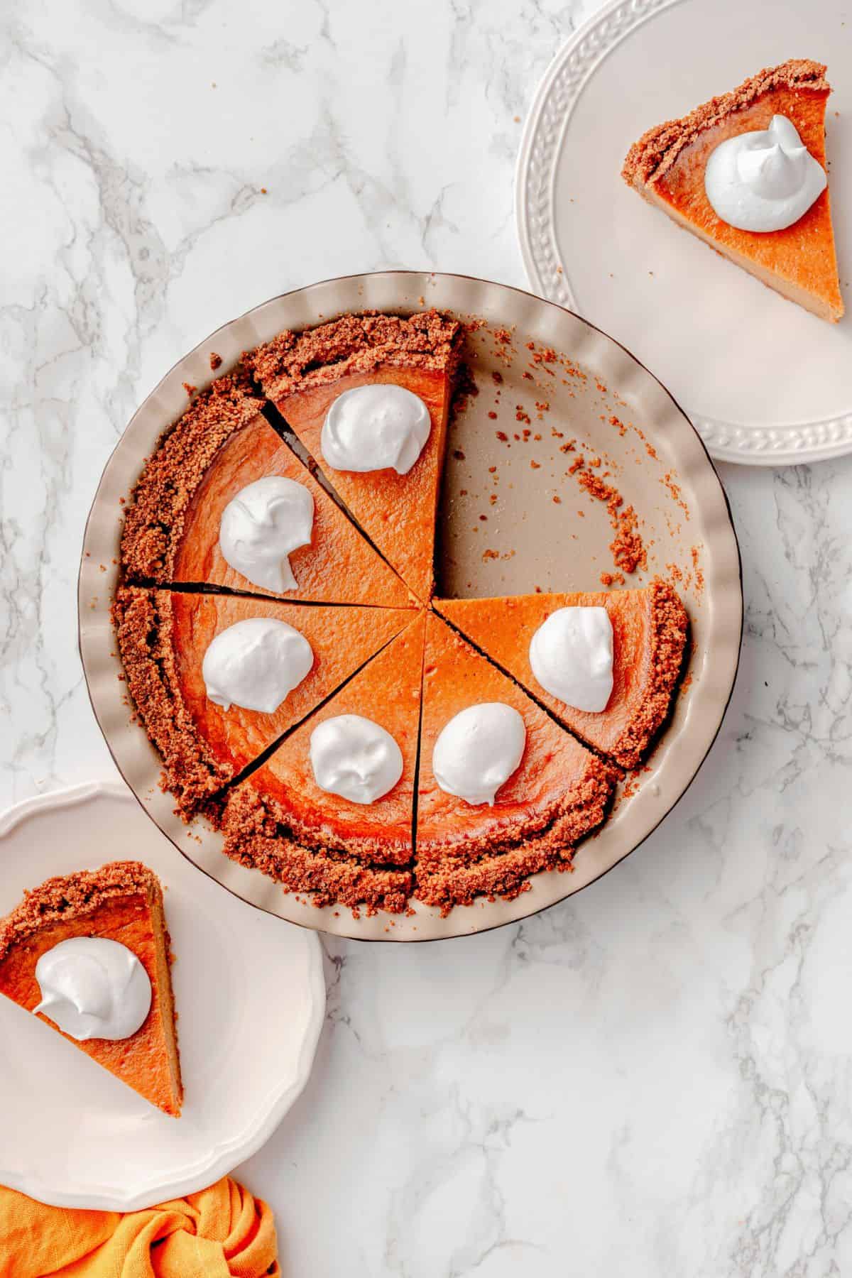 Sweet potato pie with graham crust and warm cinnamon spice flavor