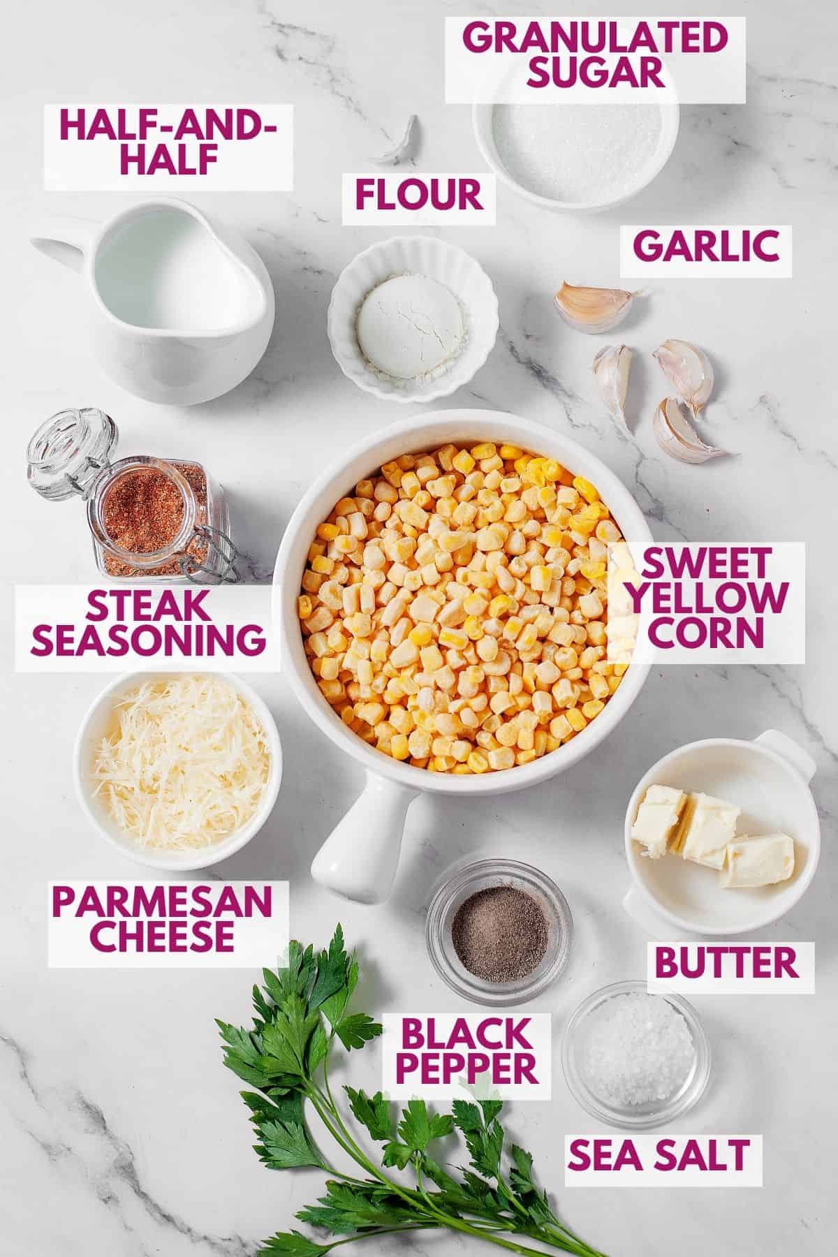 ingredients to make creamed corn with buttery sauce and savory seasoning