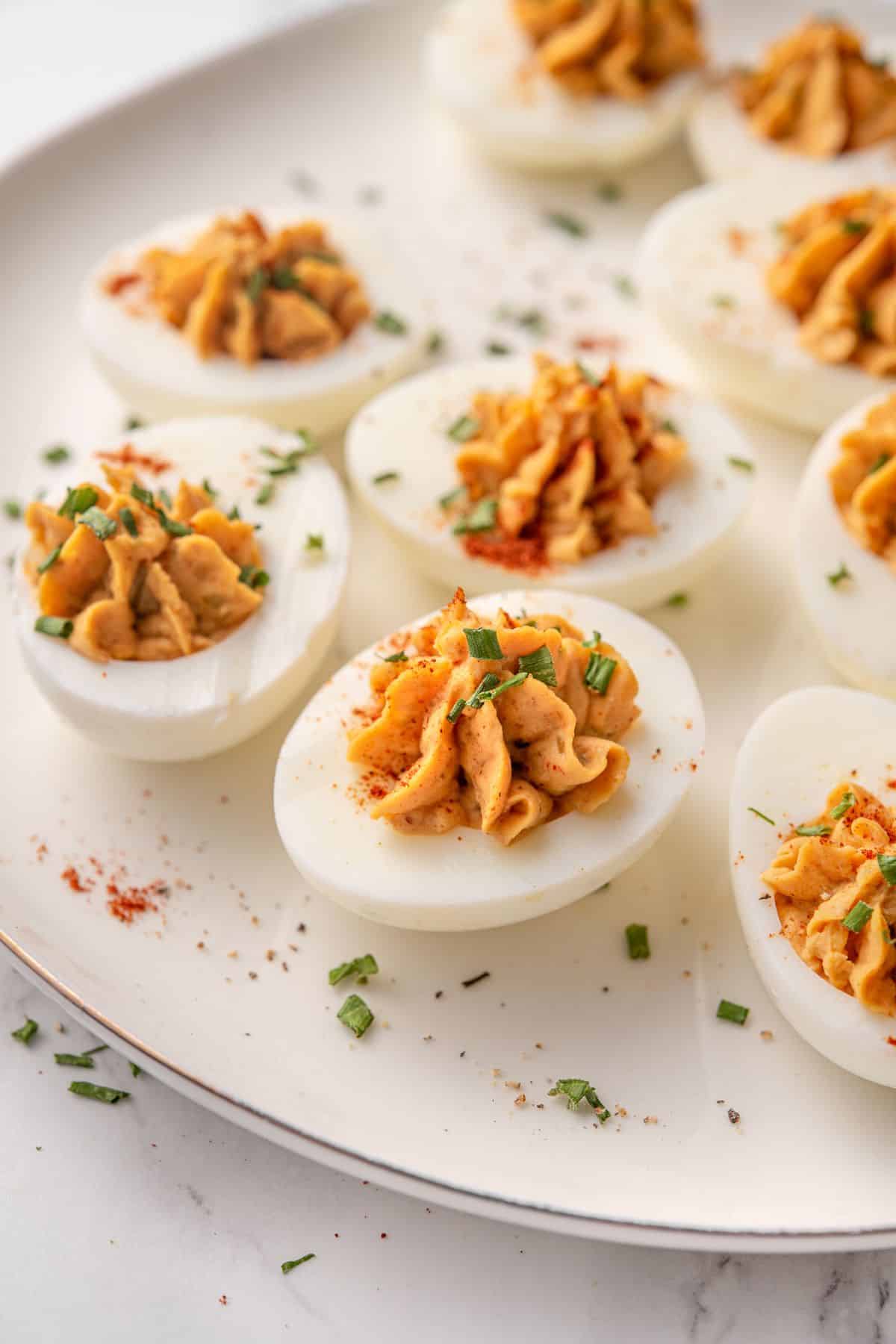Southern style deviled eggs with a smooth, tangy filling