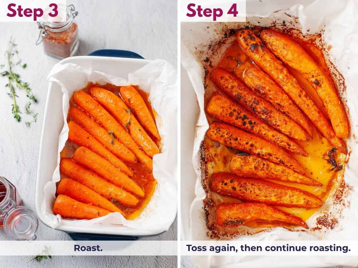 Roasting the glazed carrots until tender, then tossing them and continuing to roast until the edges are caramelized.