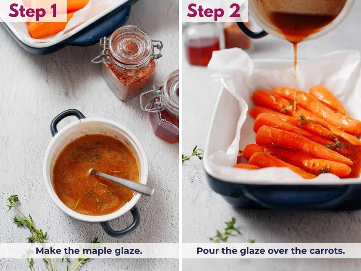 Making the maple glaze with butter, maple syrup, steak seasoning, and thyme, then pouring it over the carrots and tossing to coat evenly.