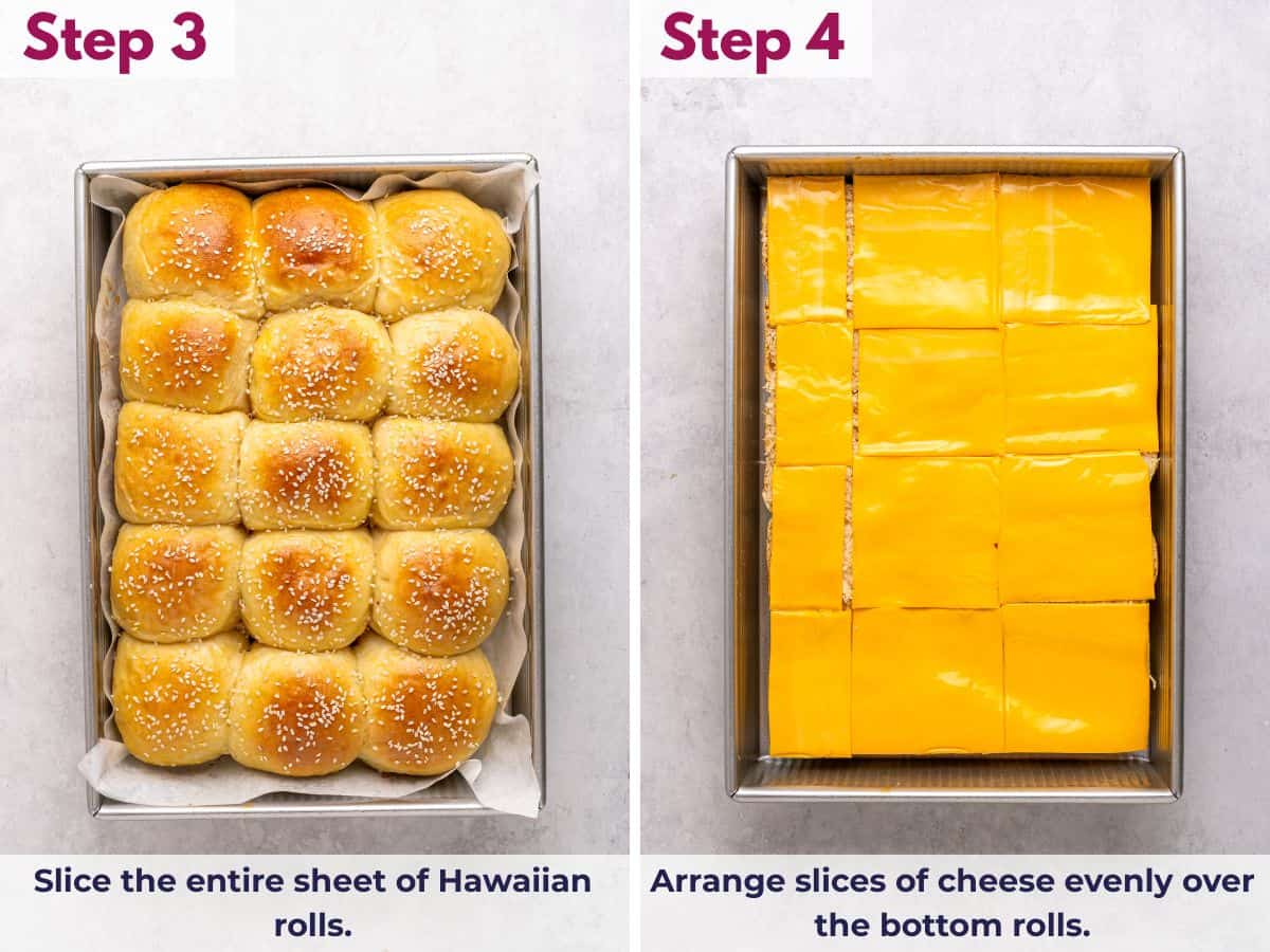 Slicing the entire sheet of Hawaiian rolls in half, then arranging cheese slices evenly over the bottom halves.
