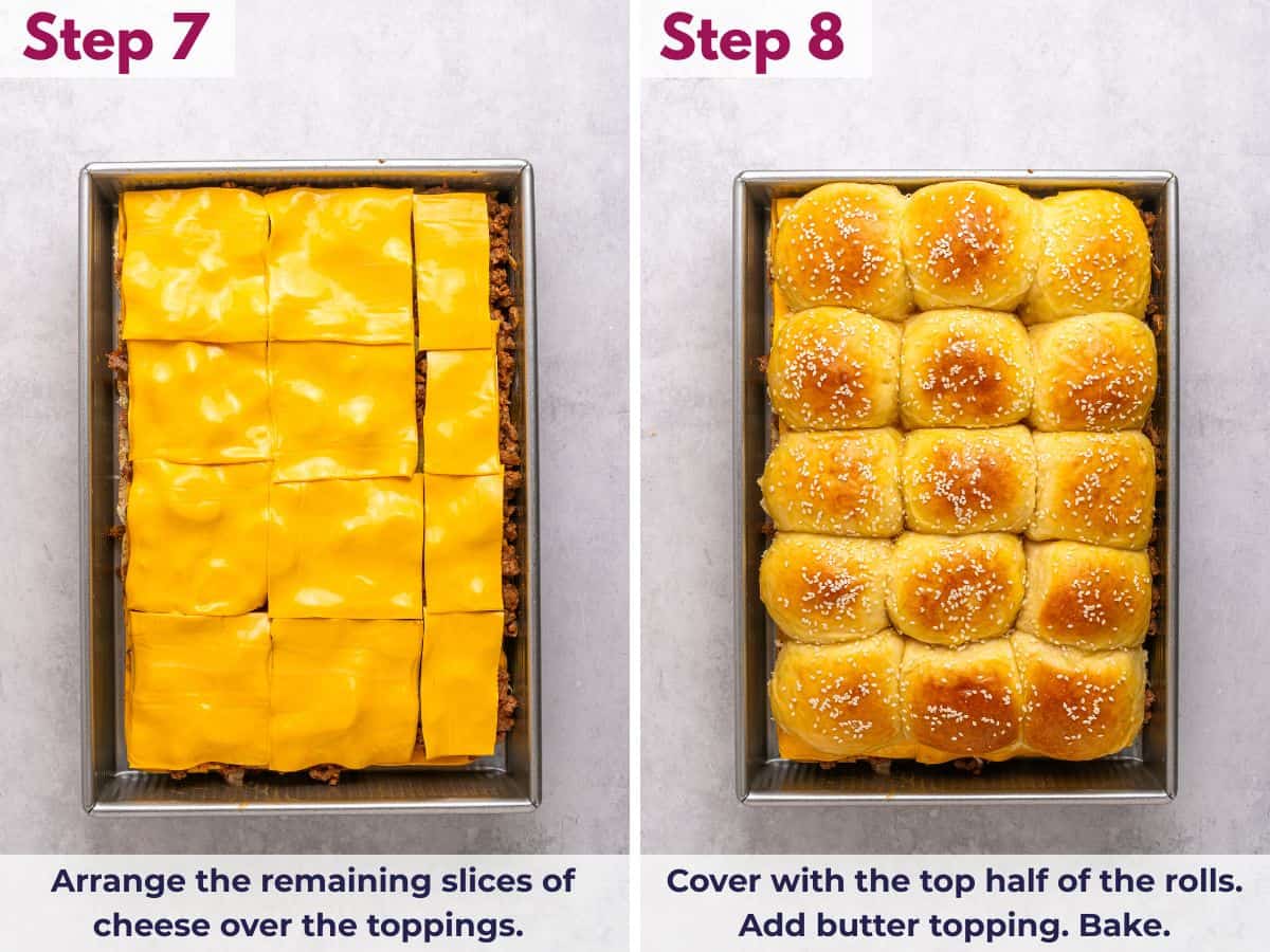 Arranging the remaining cheese slices over the toppings, covering with the top half of the Hawaiian rolls, brushing with buttery topping, and baking until golden and melty.
