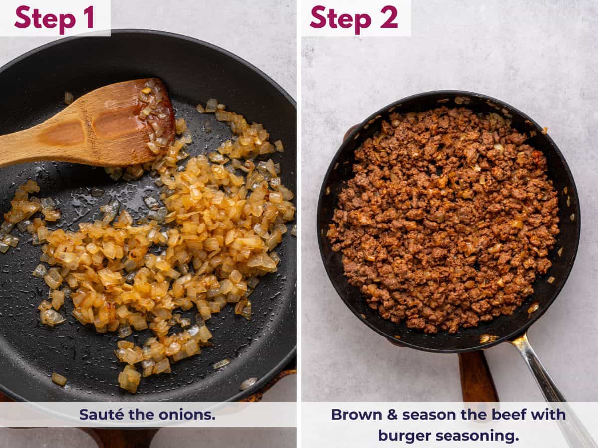 Sautéing the onions until caramelized, then browning and seasoning the ground beef with burger seasoning for the cheeseburger sliders.