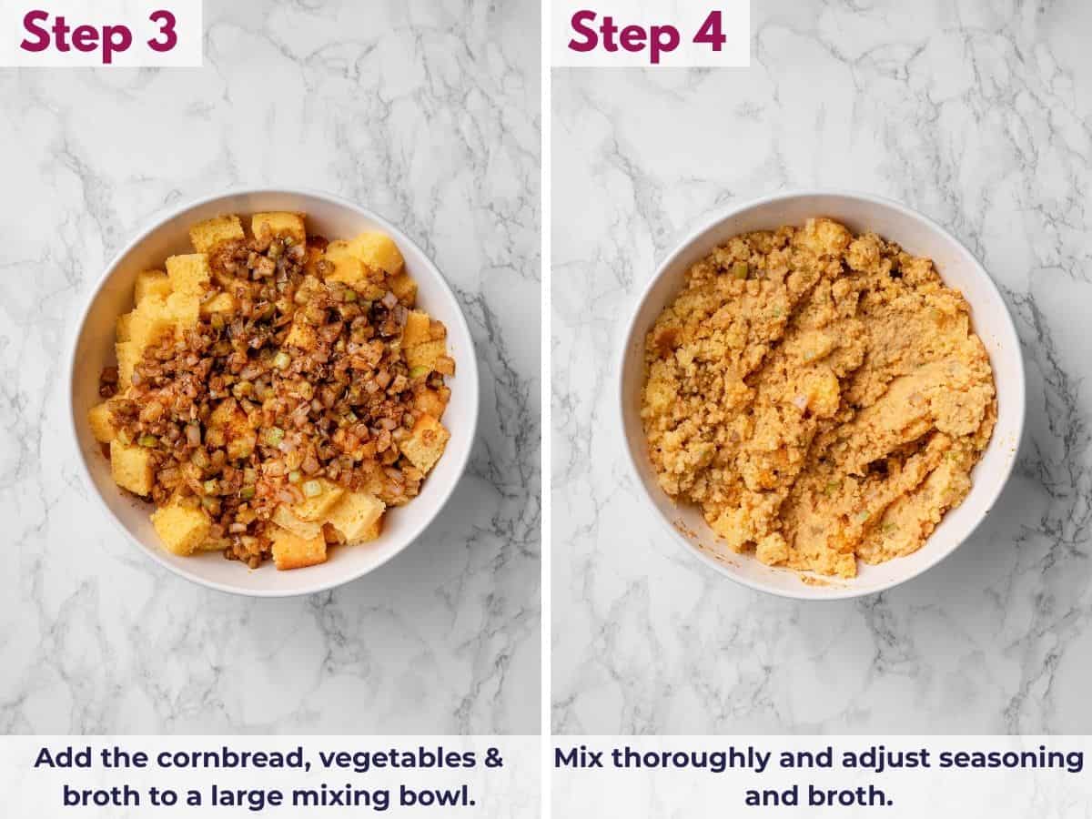 Adding crumbled cornbread, sautéed vegetables, and broth to a large bowl, then mixing thoroughly and adjusting the seasoning and broth.