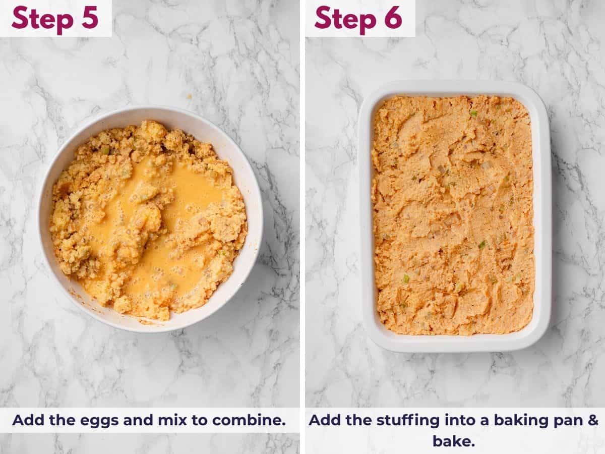Adding the eggs to the cornbread dressing mixture and mixing to combine, then transferring it to a baking pan and baking until golden and set.