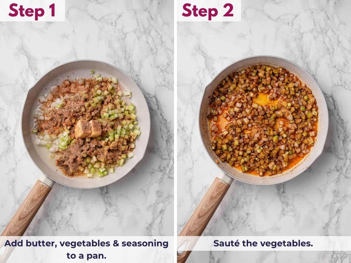 Adding butter, celery, onions, poultry seasoning, and salt to a skillet, then sautéing the vegetables until tender and browned.