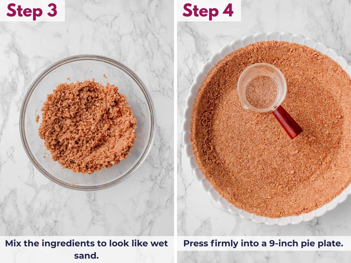 Mixing the graham cracker crust ingredients until they resemble wet sand, then firmly pressing the mixture evenly into a 9-inch pie plate.