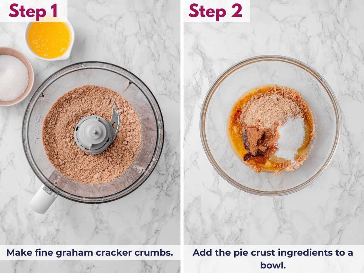 Grinding graham crackers into fine crumbs, then adding the crumbs and remaining pie crust ingredients to a bowl.