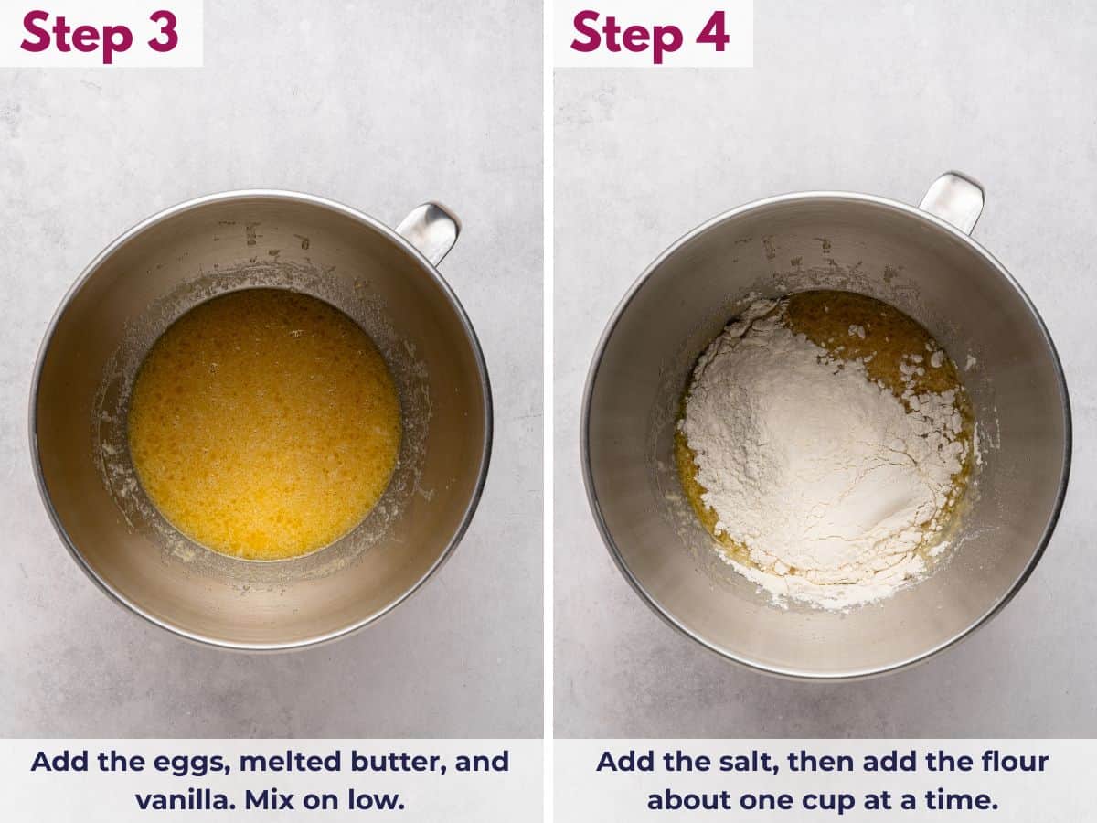 Adding eggs, melted butter, and vanilla to the yeast mixture, then mixing on low until the ingredients are well combined in the stand mixer.