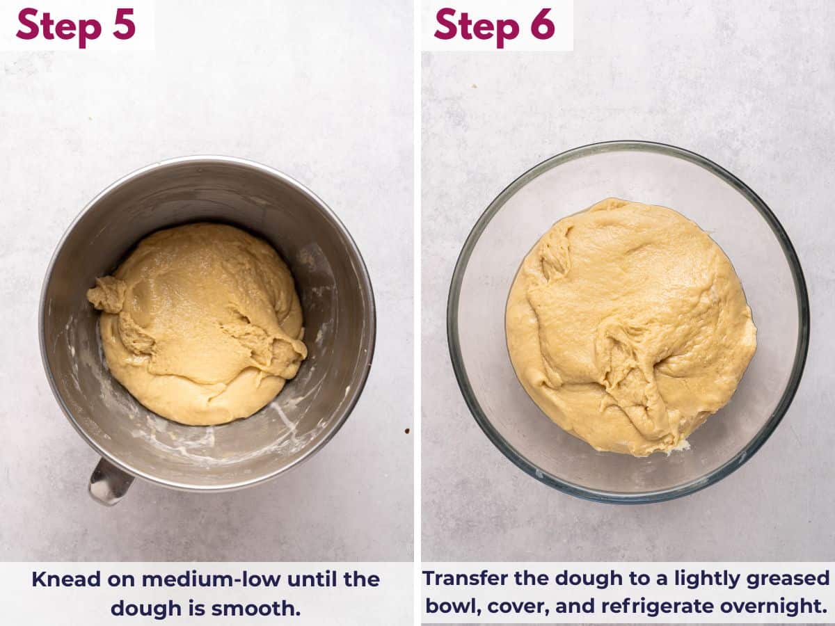 Kneading the Hawaiian roll dough until smooth, then transferring it to a greased bowl, covering, and refrigerating overnight for the dough to rise.