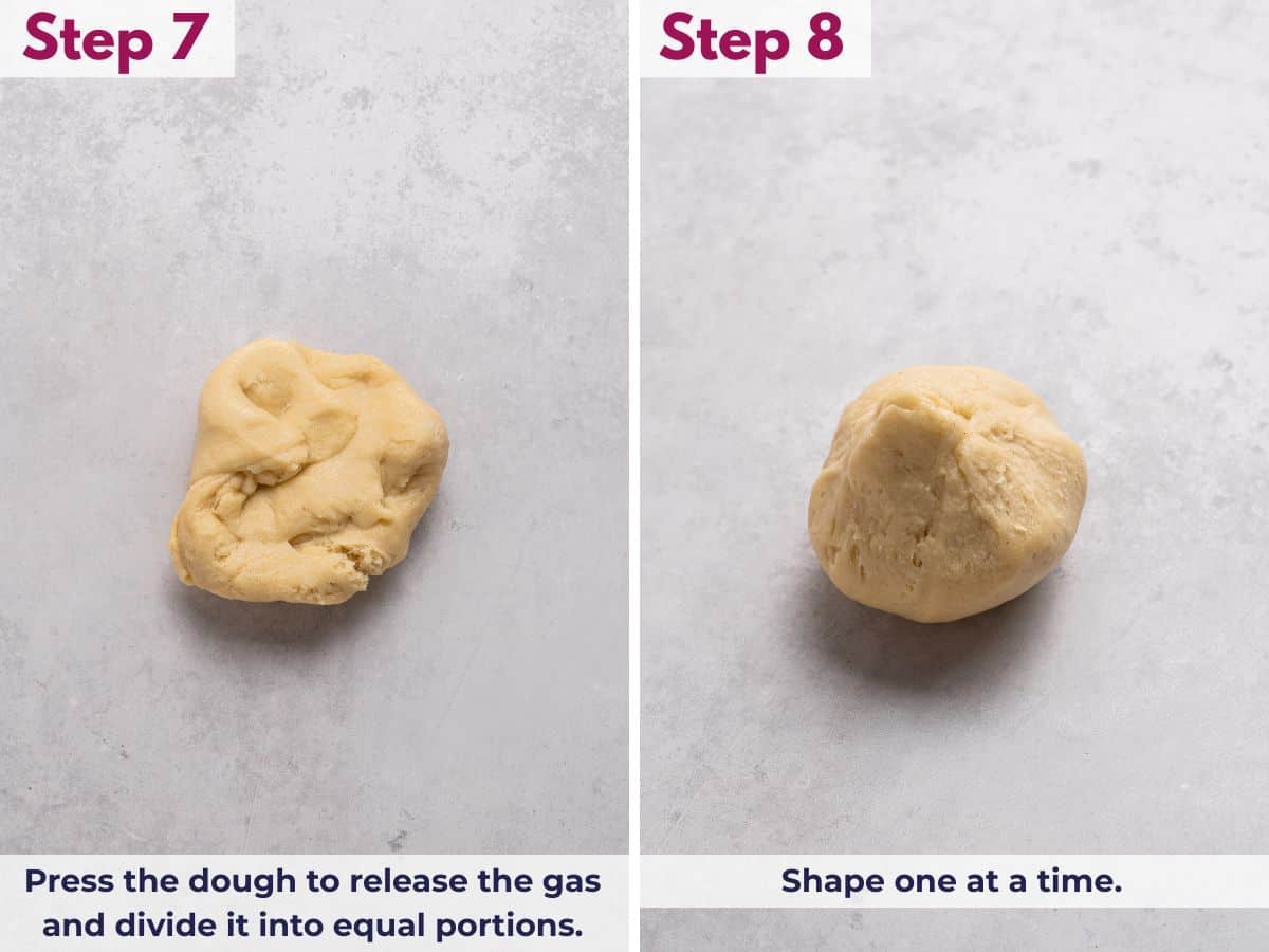 Dividing the chilled Hawaiian roll dough into equal portions, then shaping each piece into a smooth round after pressing out the air.
