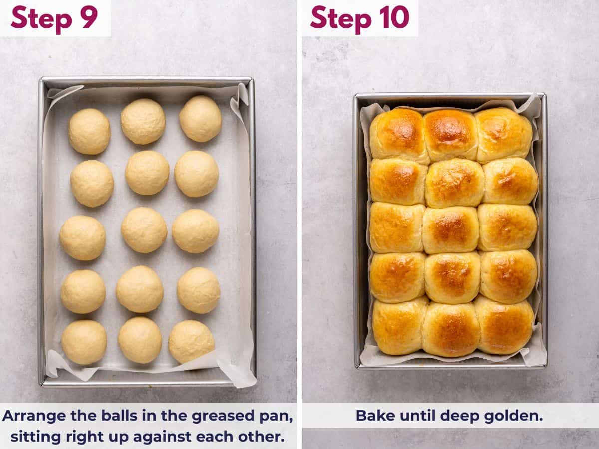 Arranging the shaped Hawaiian dinner rolls in a greased pan in a 3x5 grid, then baking until the tops are deep golden brown.