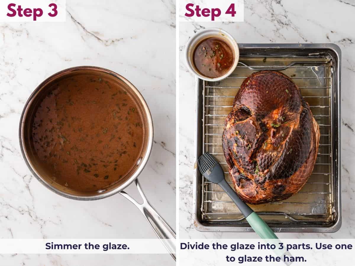 Simmering the brown sugar and honey glaze until the butter melts, then dividing it and using one portion to coat the spiral ham.