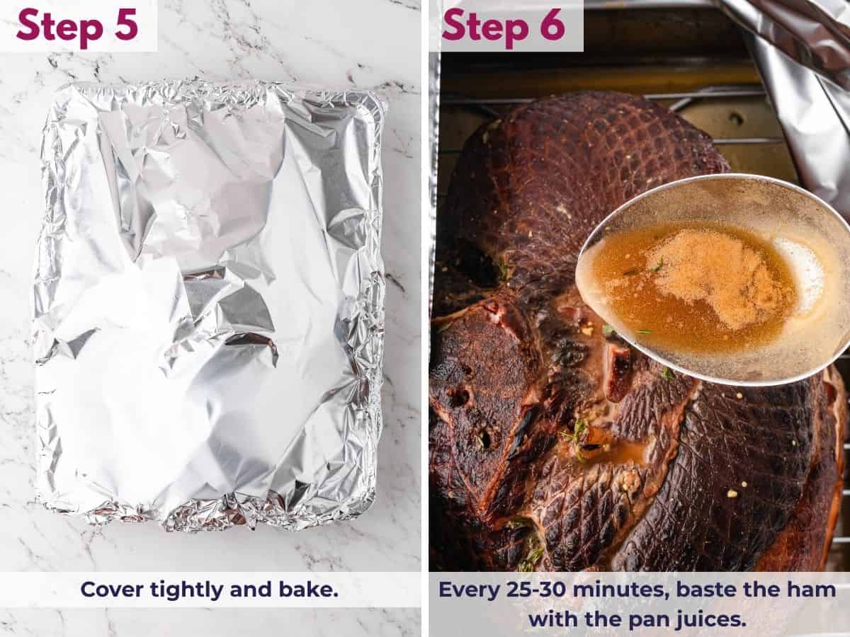 Covering the glazed spiral ham tightly and baking, then basting it with the pan juices every 25–30 minutes to keep it moist.