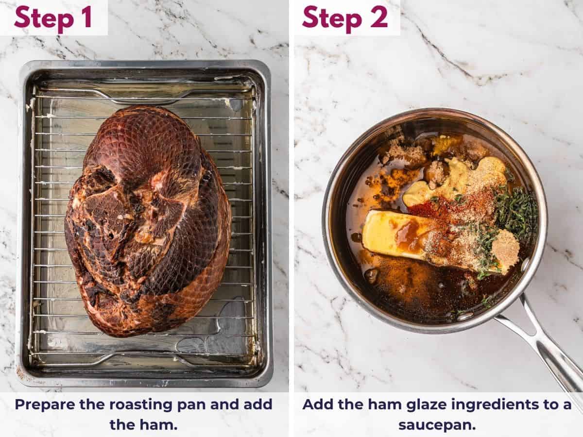 Preparing the roasting pan with the spiral ham, then adding the brown sugar, honey, and other glaze ingredients to a saucepan.