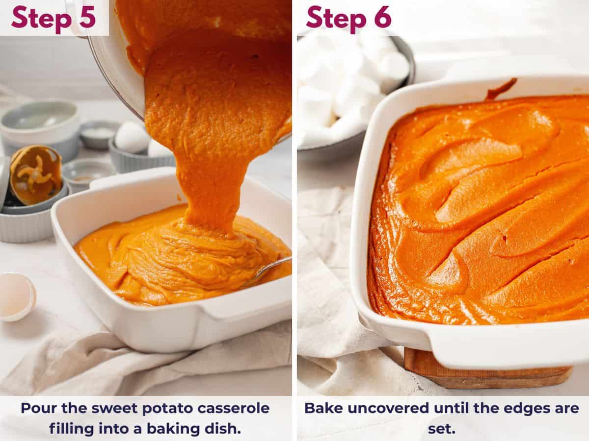 Pouring the sweet potato casserole filling into a 9x13-inch baking dish, then baking uncovered until the edges are set and the center is slightly jiggly