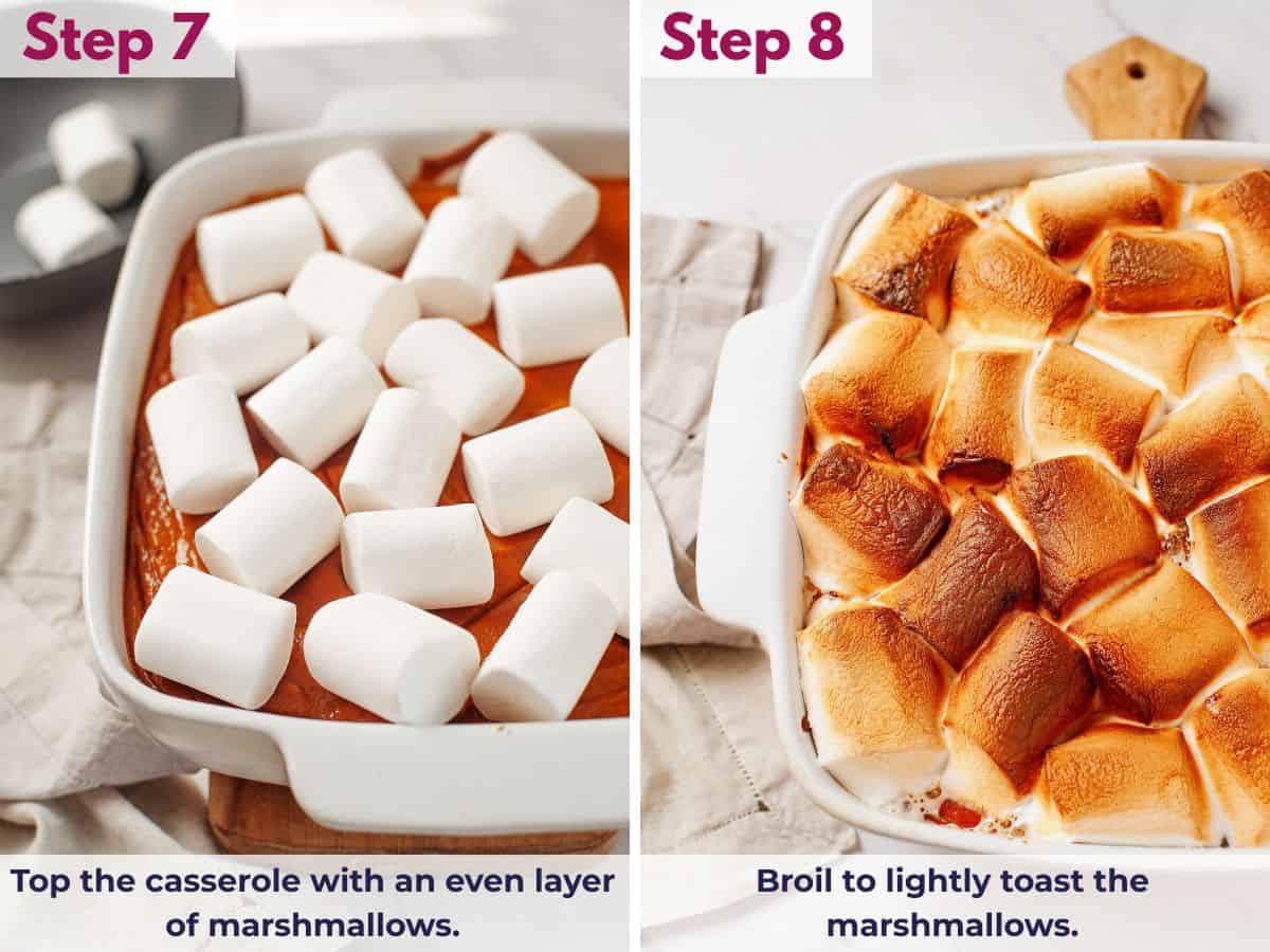 Topping the baked sweet potato casserole with an even layer of marshmallows, then broiling until the marshmallows are lightly toasted and golden brown