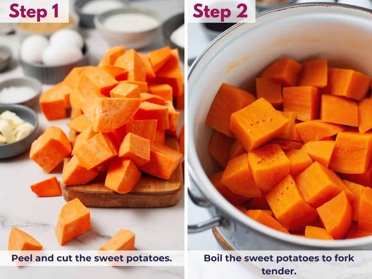 Peeling and cutting the sweet potatoes into chunks, then boiling them until fork tender for the casserole filling