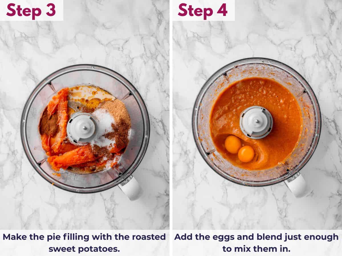 Blending the roasted sweet potatoes with the pie filling ingredients, then adding the eggs and mixing just until incorporated.
