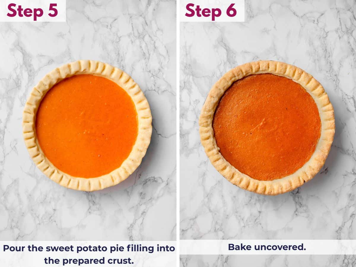 Pouring the sweet potato pie filling into the prepared crust, then baking uncovered until the edges are set and the center has a slight jiggle.