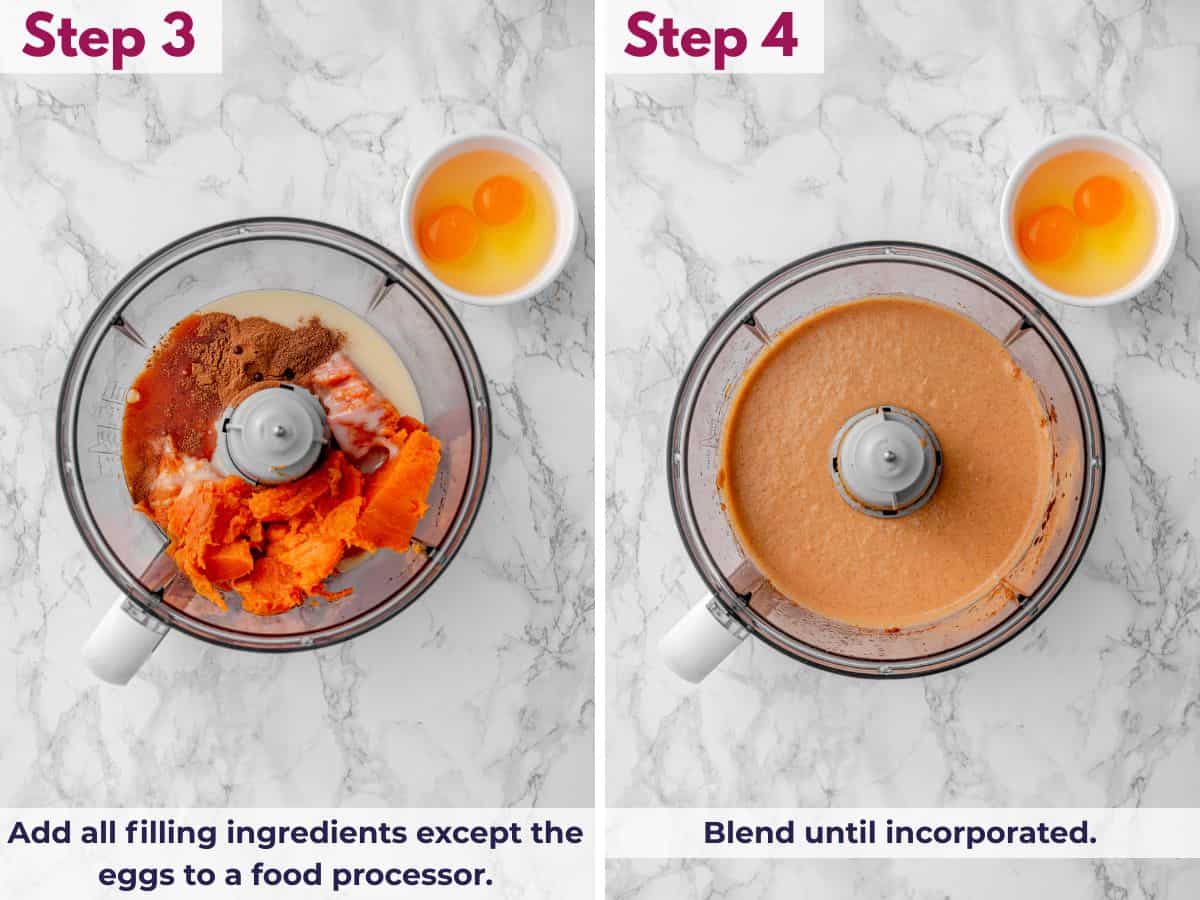 Adding the sweet potato pie filling ingredients, except the eggs, to a food processor and blending until smooth and incorporated.