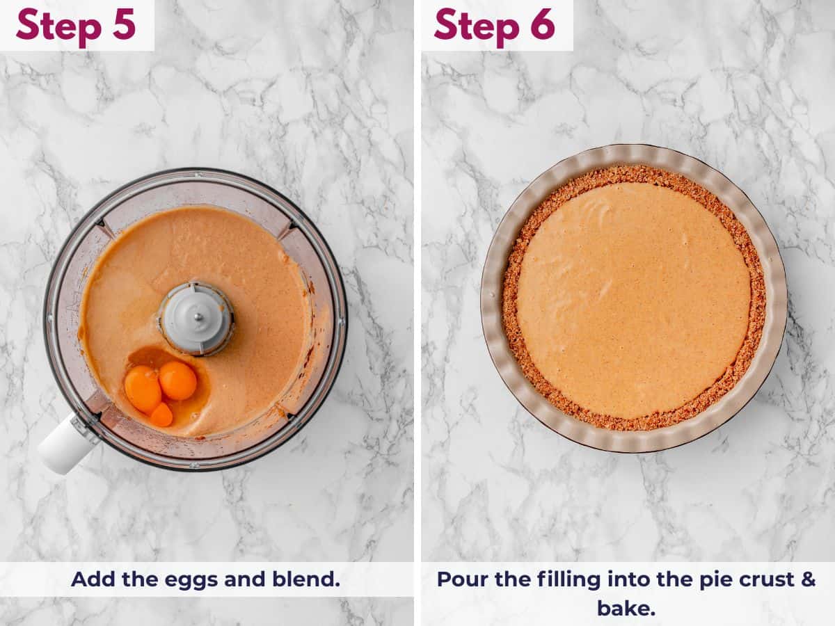 Adding the eggs and blending until incorporated, then pouring the sweet potato pie filling into the graham cracker crust and baking until set.